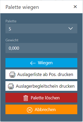 Auslagern Palette Wiegen Popup