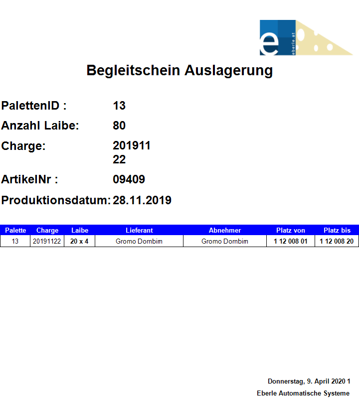 Begleitschein Auslagerung Report