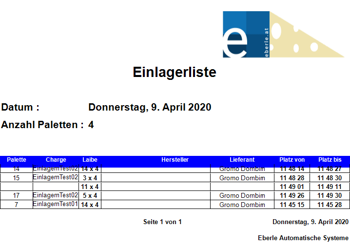 Einlagerliste Report