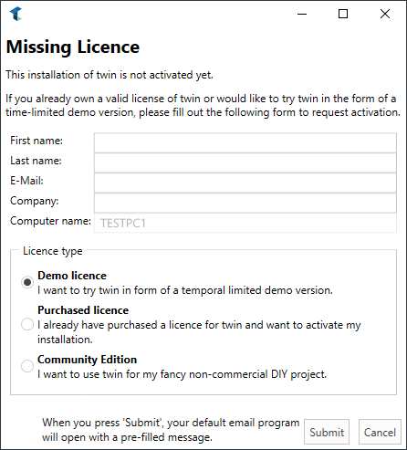 Licence Request Window