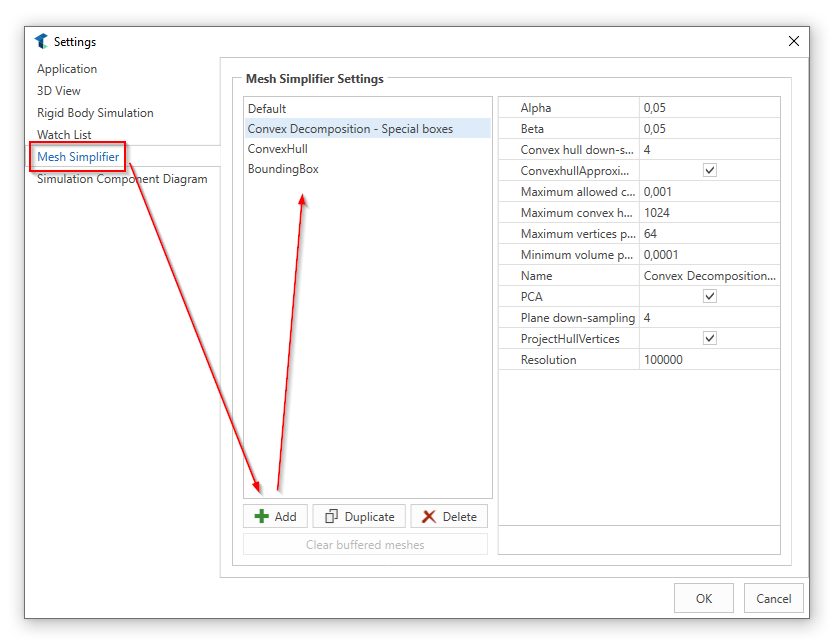 Mesh simplifier settings