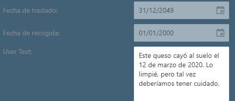 Vista de filas Ventana emergente Detalles Texto de usuario