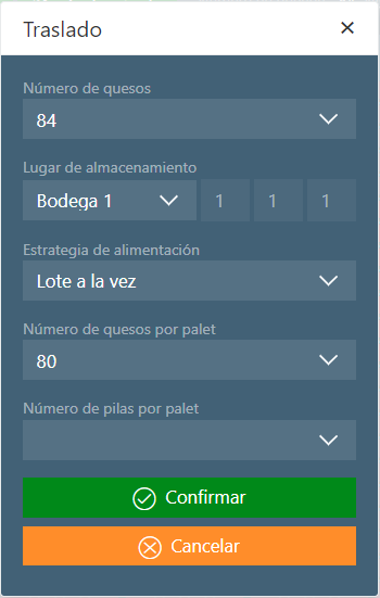 Vista de filas Datos de traslado